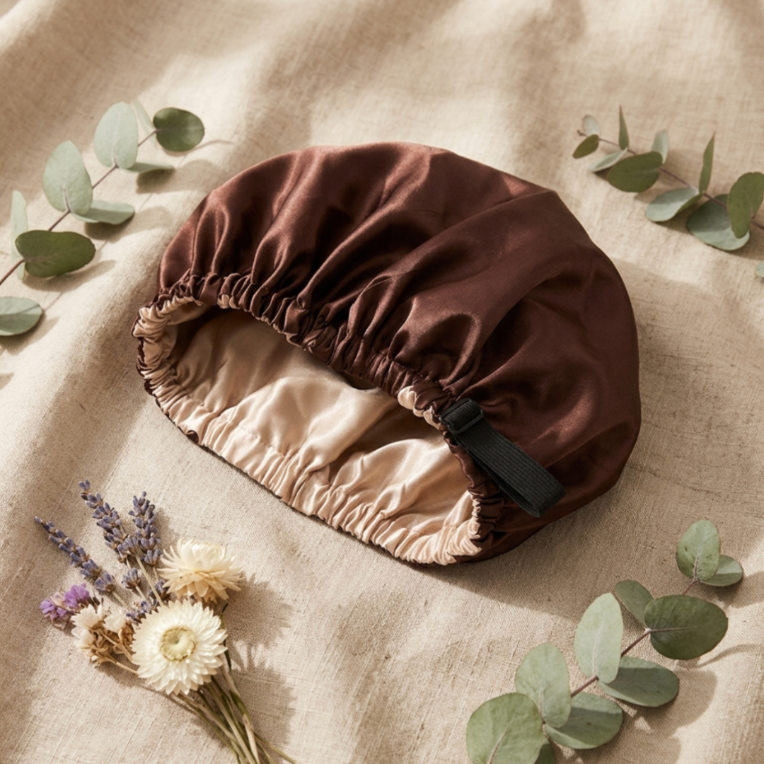 Bonnet de nuit en satin double couche pour cheveux crépus et bouclés